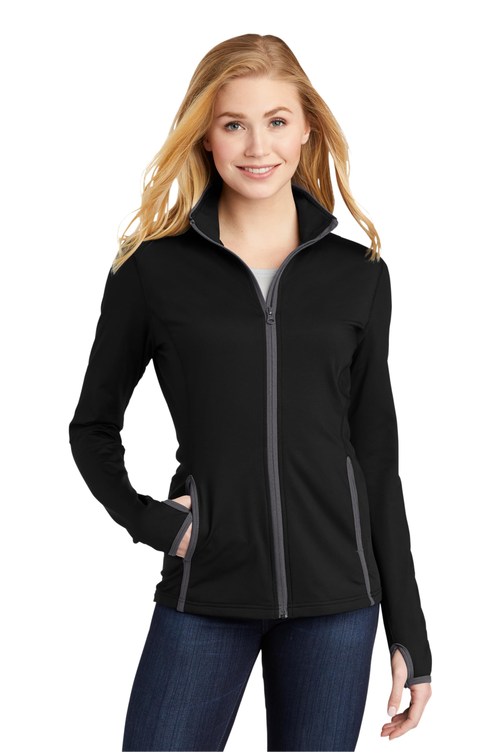 SPORT-TEK Women's Sport-Wick Stretch Contrast Full Zip Jacket, Black/Charcoal Grey, M